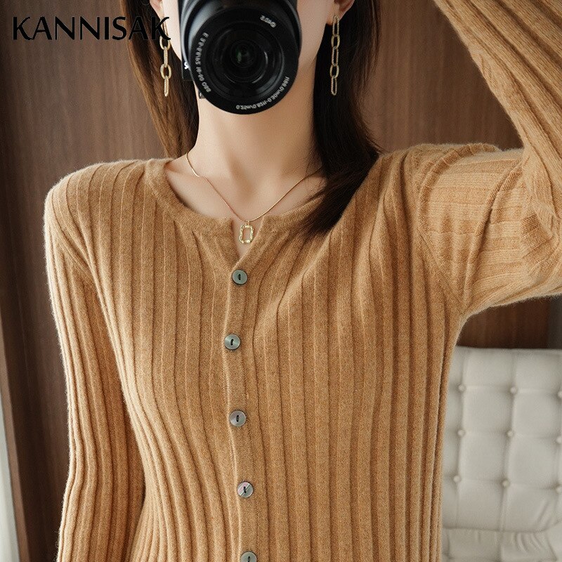 2023 Autumn Winter Womens Sweater Brown Cardigans O-neck Single Breasted Slim Fit Stretch Knitwear Solid Korean Cardigan Femme