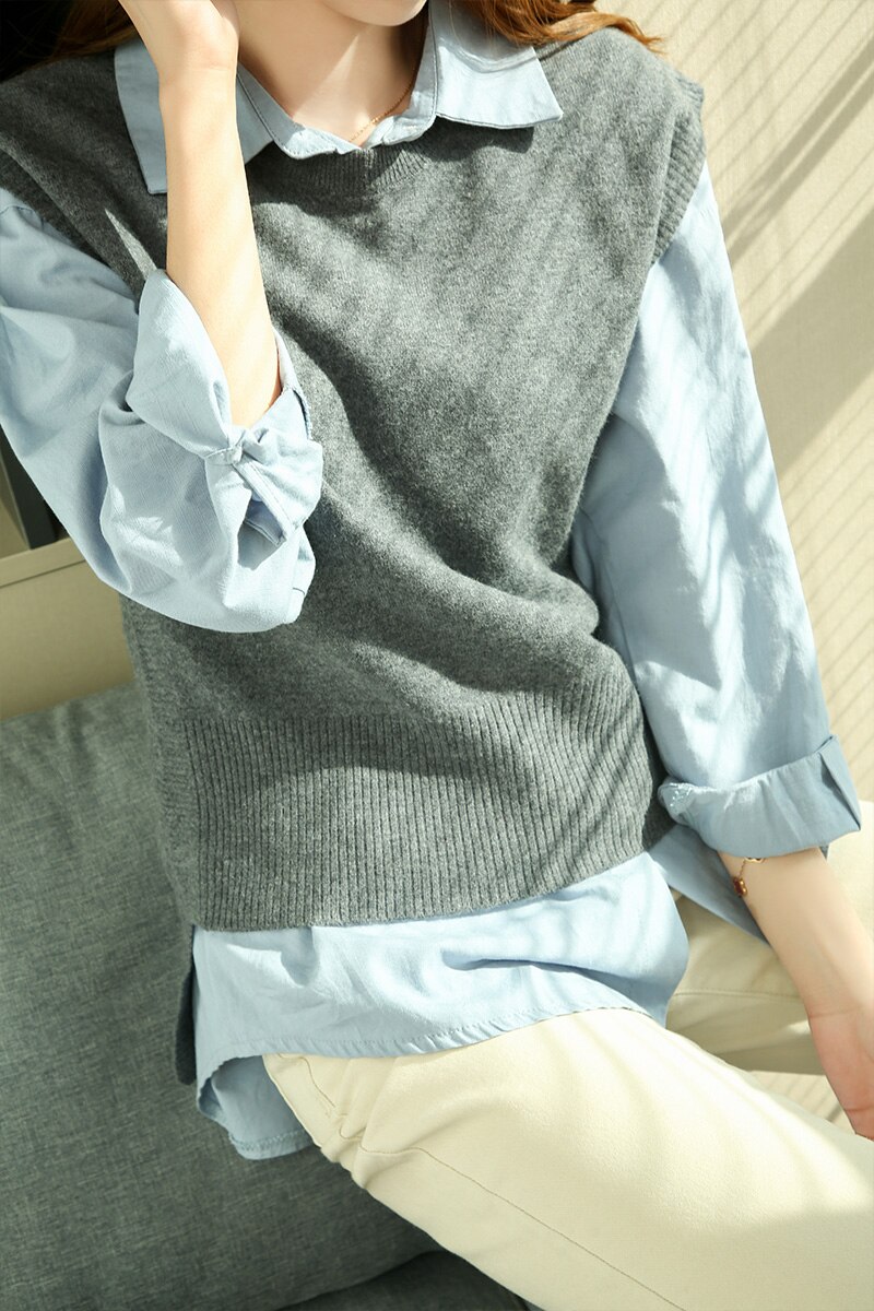LONGMING 2021 New Women Sweater Vest Spring 100% Merino Wool Knitted Vest Brown Top Knit Vest Fashion Woman vests Korean Style LONGMING 2021 New Women Sweater Vest Spring 100% Merino Wool Knitted Vest Brown Top Knit Vest Fashion Woman vests Korean Style