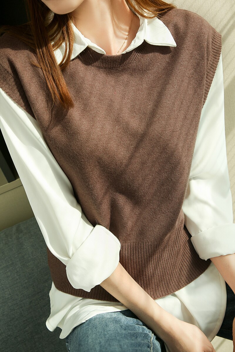 LONGMING 2021 New Women Sweater Vest Spring 100% Merino Wool Knitted Vest Brown Top Knit Vest Fashion Woman vests Korean Style LONGMING 2021 New Women Sweater Vest Spring 100% Merino Wool Knitted Vest Brown Top Knit Vest Fashion Woman vests Korean Style