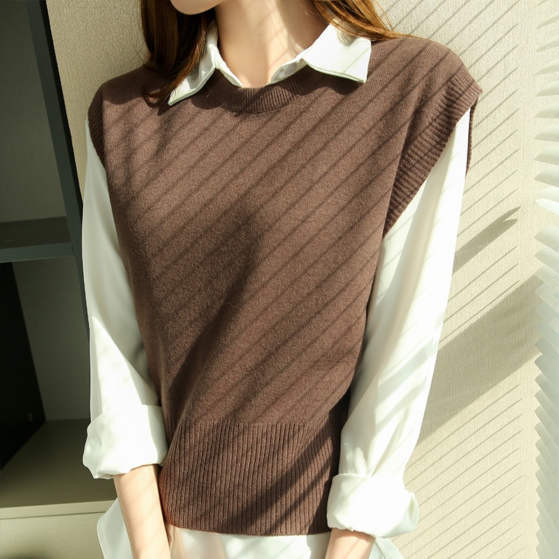 LONGMING 2021 New Women Sweater Vest Spring 100% Merino Wool Knitted Vest Brown Top Knit Vest Fashion Woman vests Korean Style