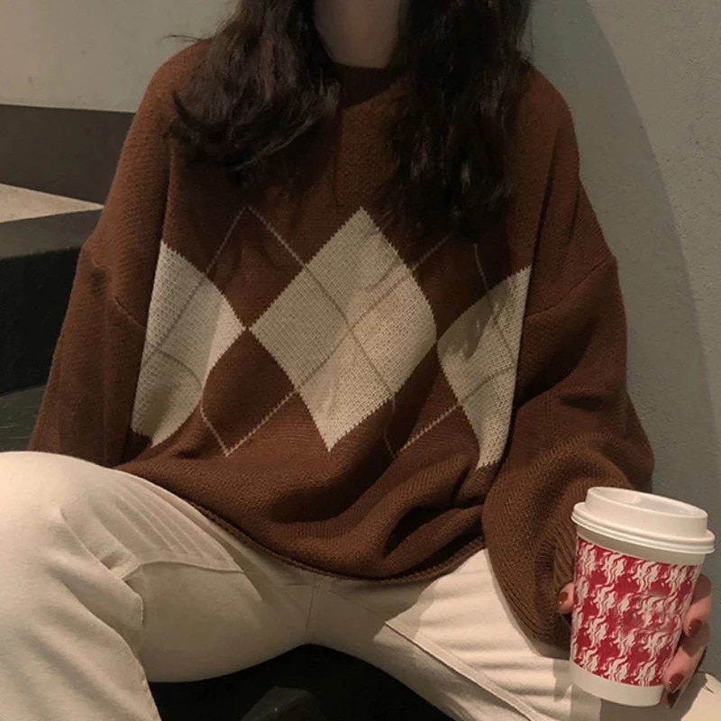 Argyle Brown Sweaters Woman  Fall 2021 Korean Fashion Long Sleeve Crop Pullovers Women Harajuku O-Neck Knit  Jumper Mujer New