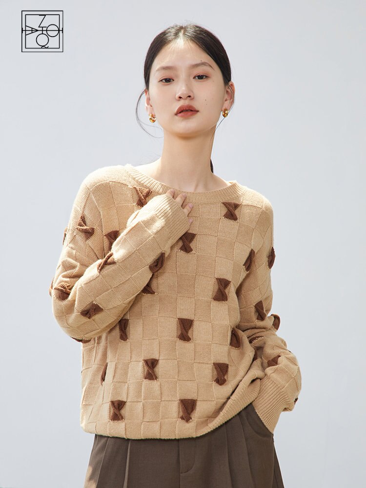 ZIQIAO Women Bow Knot Design Light Brown Loose Sweater 30.3% Wool Pullovers Korean Style Round Neck Sweet Pullover Sweaters