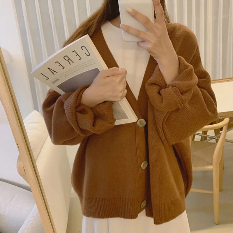 Lucyever Vintage Knitted Cardigans Women Harajuku Brown Autumn Winter Button Up Sweater Female Casual Loose Warm Knitwear Coat