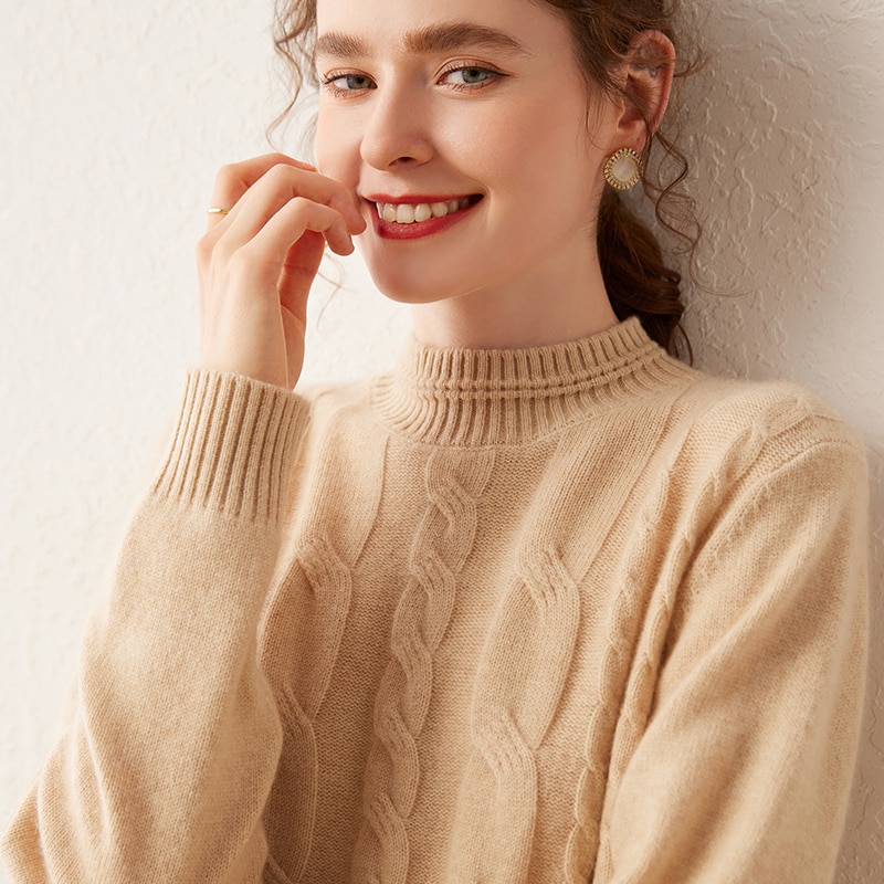 Autumn And Winter New 100% Cashmere Sweater Women's Half-High-Necked Pullover Thickened Long-Sleeved Knitted Bottoming Sweater.