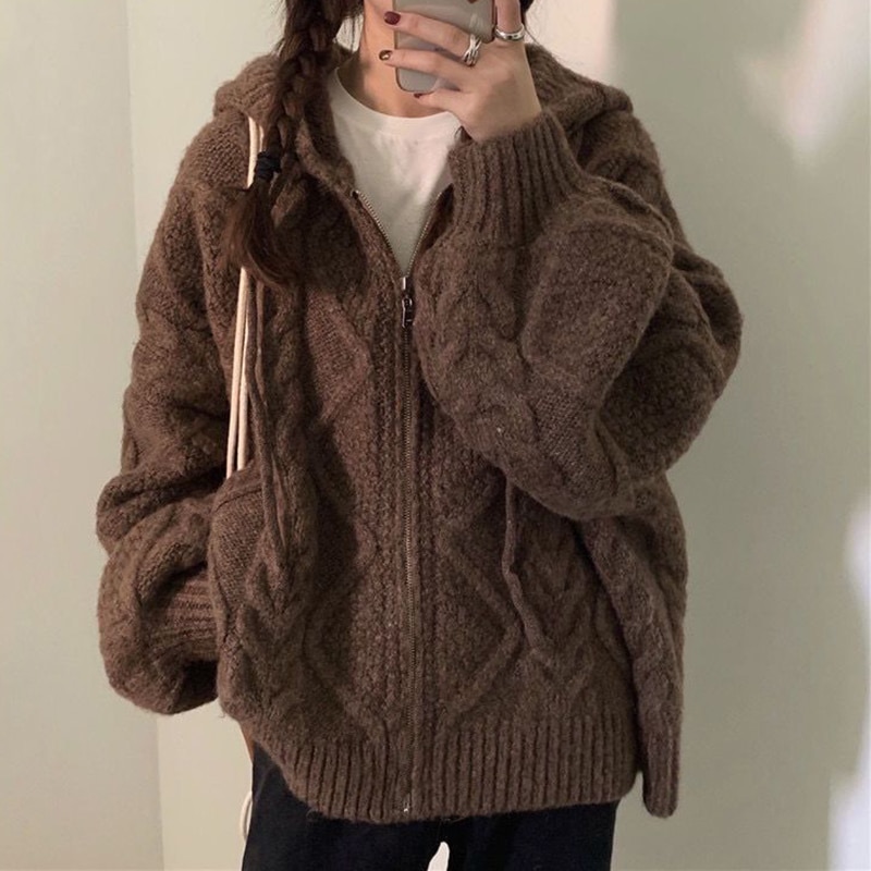 Biyaby Vintage Brown Women Knitted Cardigan 2022 Autumn Winter Hooded Twist Sweater Woman Long Sleeve Zipper Crochet Outerwear
