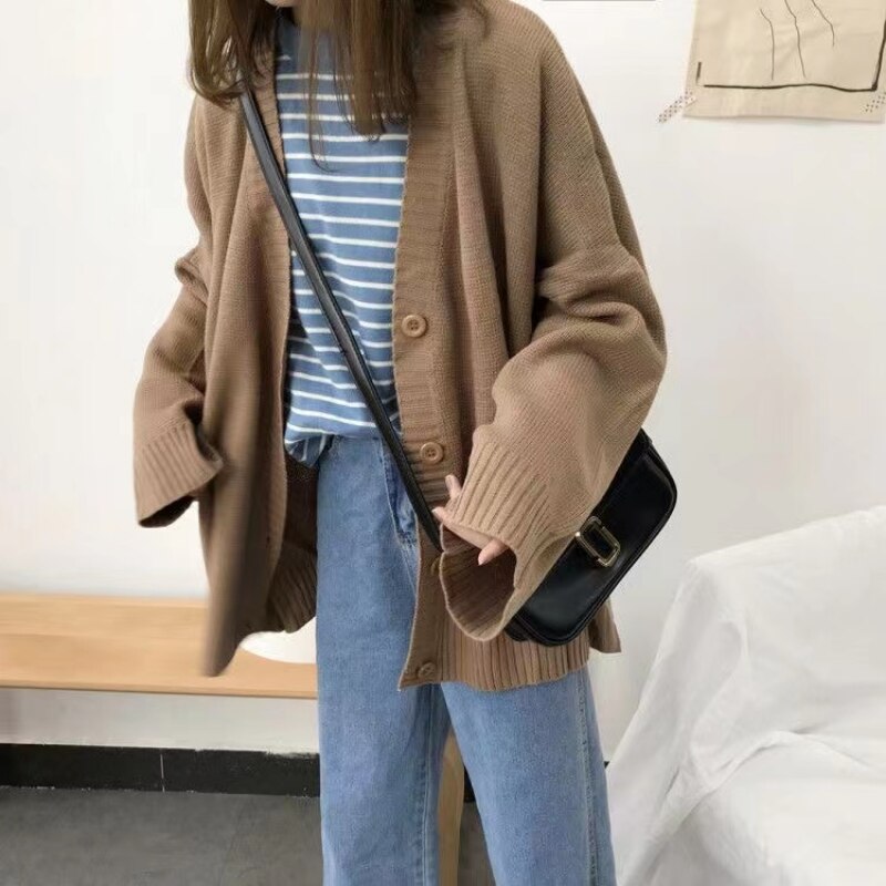 Autumn Sweaters Women Knitting Cardigans Casual V-Neck Long Sleeve Solid Mujer Clothes Single Breasted Brown Women Cardigan