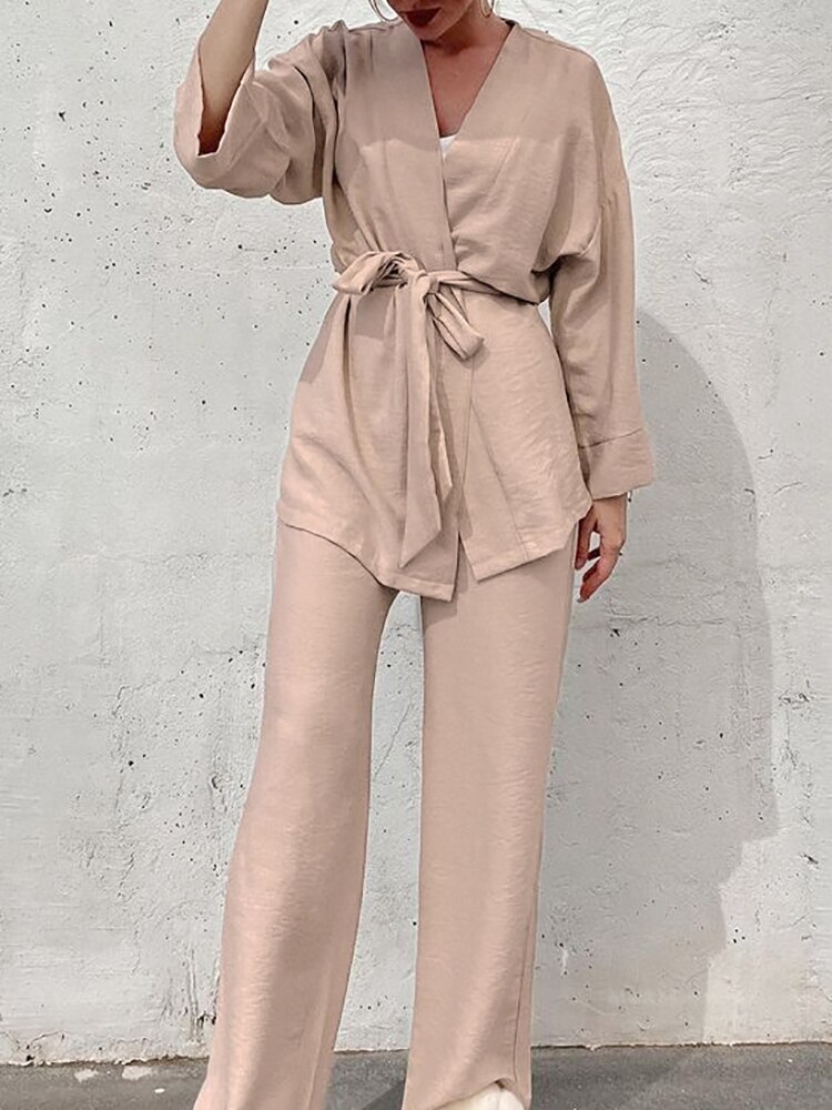 Linad Brown Pajamas For Women 2 Piece Sets Casual Long Sleeve V Neck Sleepwear Sashes Female Trouser Suits 2023 Autumn Homewear Linad Brown Pajamas For Women 2 Piece Sets Casual Long Sleeve V Neck Sleepwear Sashes Female Trouser Suits 2023 Autumn Homewear