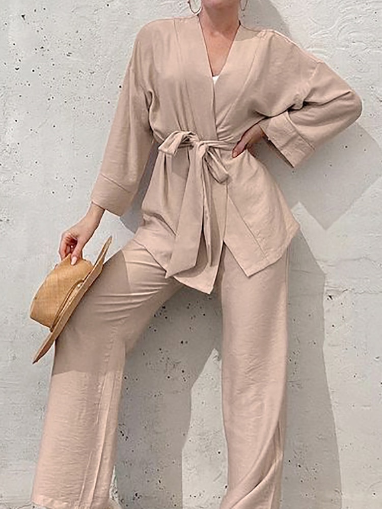 Linad Brown Pajamas For Women 2 Piece Sets Casual Long Sleeve V Neck Sleepwear Sashes Female Trouser Suits 2023 Autumn Homewear