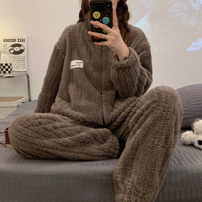 Brown Navy Winter Pajamas Set for Women Men Extra Warm Fleece Cardigan Pijama Long Pants Sleepwear Homewear Girl Pyjama Suit