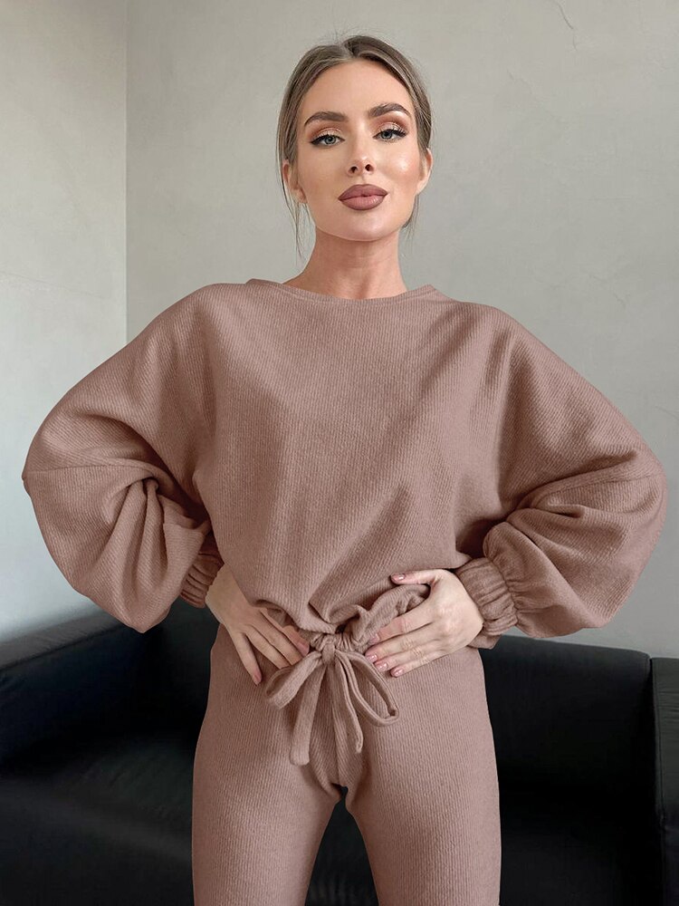 Hiloc White Knitted Women's Pajamas Set Brown Ribbed Long Sleeve Sleepwear Women Sets Round Neck High Waist Lacing Home Suit