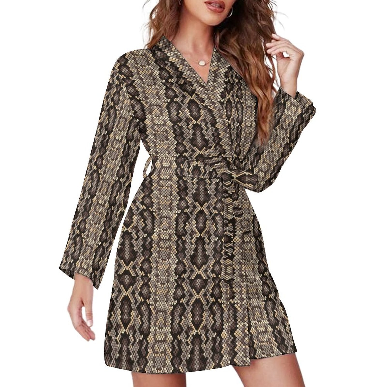 Brown Snakeskin Pajama Robe V Neck Animal Print Custom Sleepwear Woman Long Sleeve Soft Pajamas Robes Autumn Casual Dress