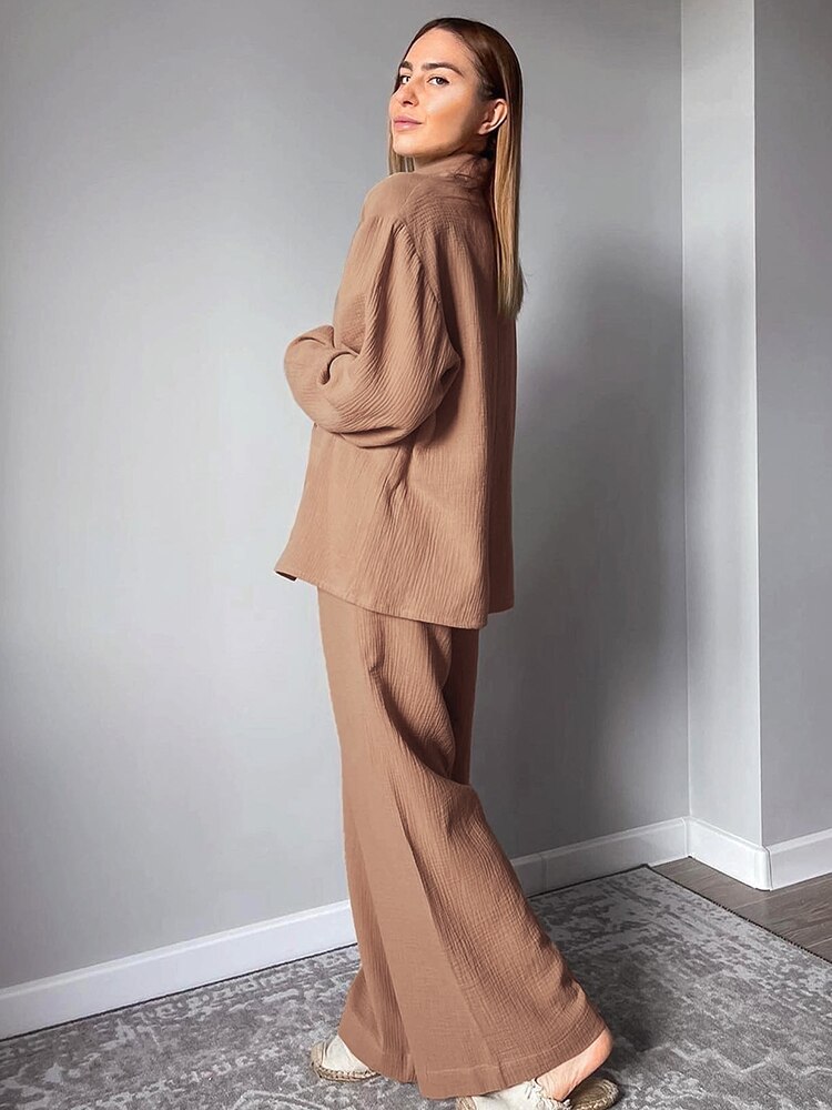 Linad Cotton Women's Home Clothes Brown Long Sleeve 2 Piece Sets Sleepwear Loose Trouser Suits Casual Female Pajamas Autumn 2022 Linad Cotton Women's Home Clothes Brown Long Sleeve 2 Piece Sets Sleepwear Loose Trouser Suits Casual Female Pajamas Autumn 2022