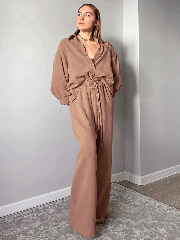 Linad Cotton Women's Home Clothes Brown Long Sleeve 2 Piece Sets Sleepwear Loose Trouser Suits Casual Female Pajamas Autumn 2022 Linad Cotton Women's Home Clothes Brown Long Sleeve 2 Piece Sets Sleepwear Loose Trouser Suits Casual Female Pajamas Autumn 2022