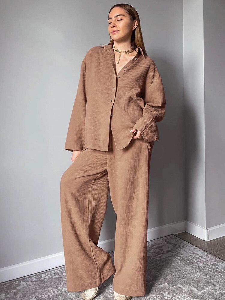 Linad Cotton Women's Home Clothes Brown Long Sleeve 2 Piece Sets Sleepwear Loose Trouser Suits Casual Female Pajamas Autumn 2022 Linad Cotton Women's Home Clothes Brown Long Sleeve 2 Piece Sets Sleepwear Loose Trouser Suits Casual Female Pajamas Autumn 2022