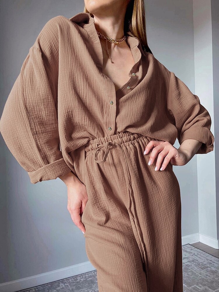 Linad Cotton Women's Home Clothes Brown Long Sleeve 2 Piece Sets Sleepwear Loose Trouser Suits Casual Female Pajamas Autumn 2022 Linad Cotton Women's Home Clothes Brown Long Sleeve 2 Piece Sets Sleepwear Loose Trouser Suits Casual Female Pajamas Autumn 2022