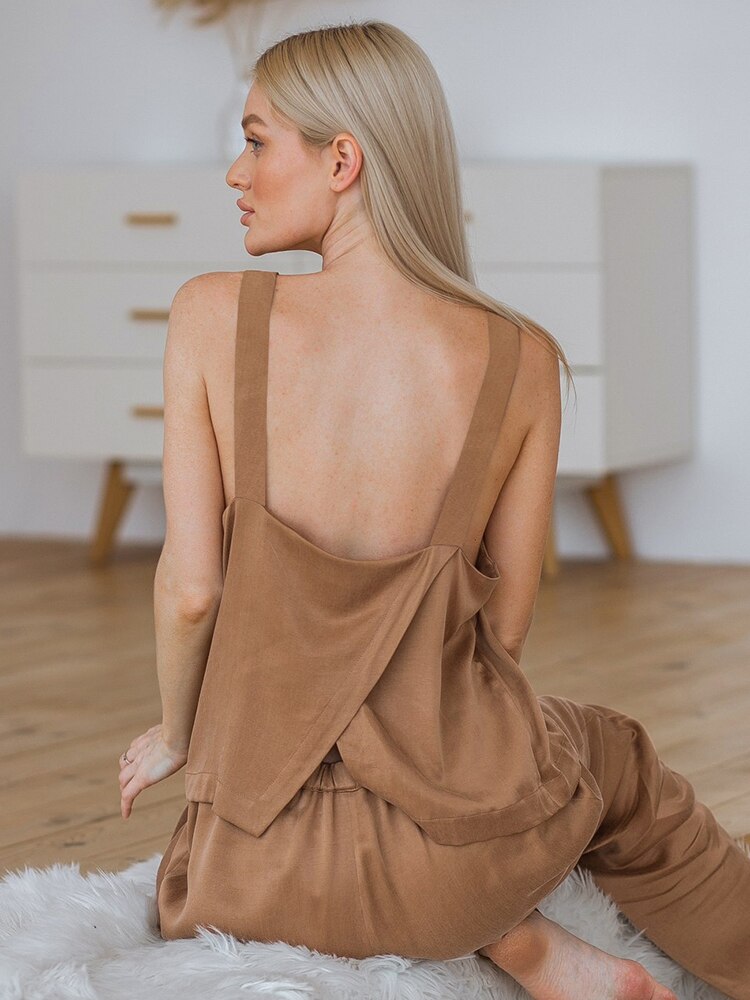 Linad Backless Pajamas For Women 2 Piece Sets Brown Sleeveless Sleepwear Female Casual Trouser Suits Solid Summer Nightwear Linad Backless Pajamas For Women 2 Piece Sets Brown Sleeveless Sleepwear Female Casual Trouser Suits Solid Summer Nightwear