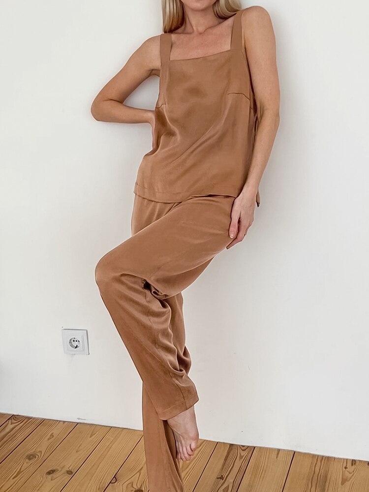 Linad Backless Pajamas For Women 2 Piece Sets Brown Sleeveless Sleepwear Female Casual Trouser Suits Solid Summer Nightwear