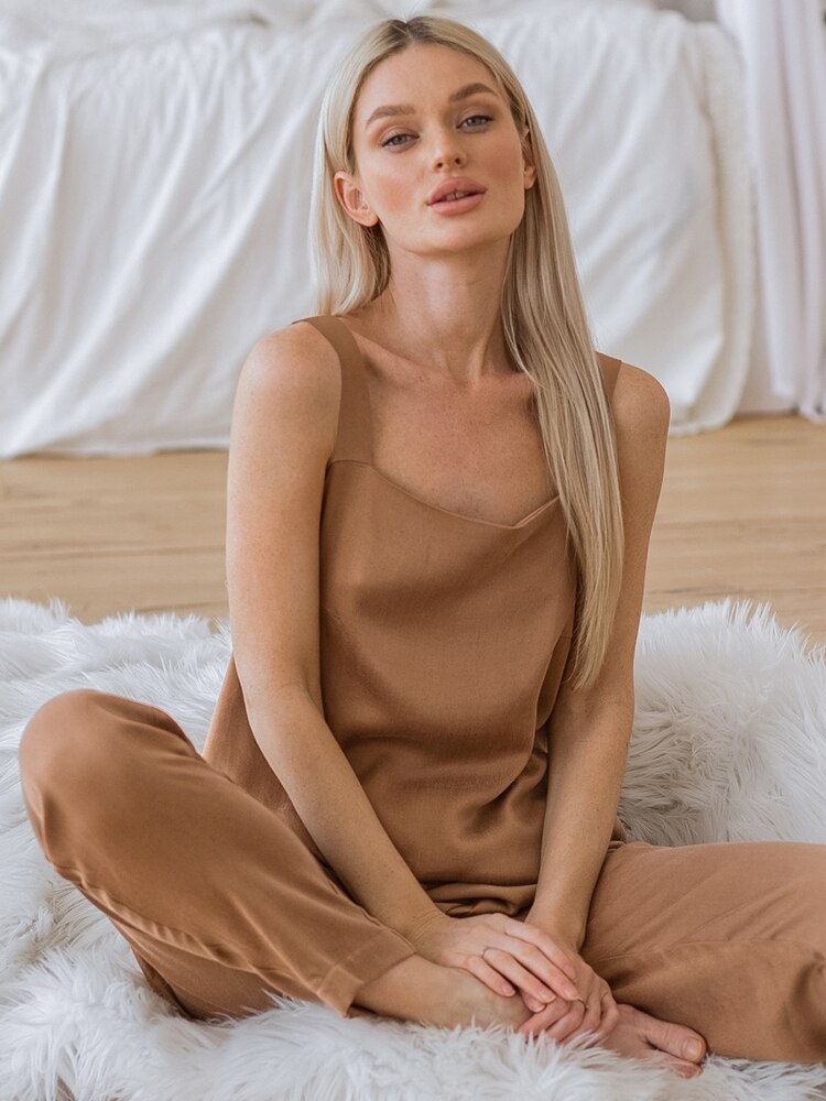 Linad Backless Pajamas For Women 2 Piece Sets Brown Sleeveless Sleepwear Female Casual Trouser Suits Solid Summer Nightwear Linad Backless Pajamas For Women 2 Piece Sets Brown Sleeveless Sleepwear Female Casual Trouser Suits Solid Summer Nightwear