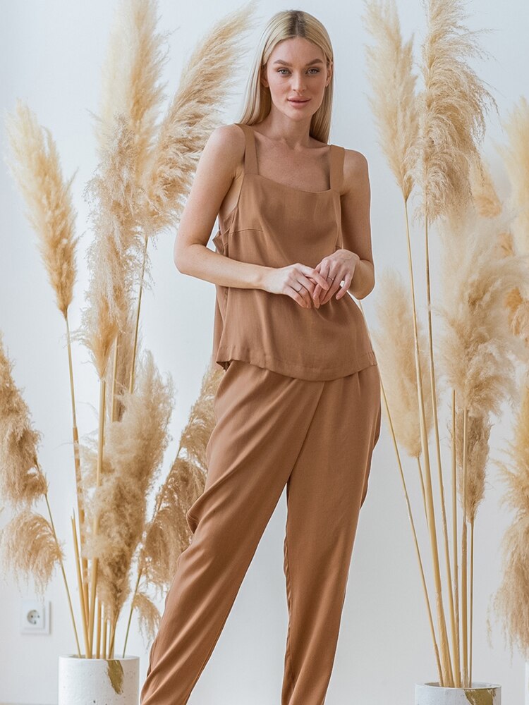 Linad Backless Pajamas For Women 2 Piece Sets Brown Sleeveless Sleepwear Female Casual Trouser Suits Solid Summer Nightwear Linad Backless Pajamas For Women 2 Piece Sets Brown Sleeveless Sleepwear Female Casual Trouser Suits Solid Summer Nightwear