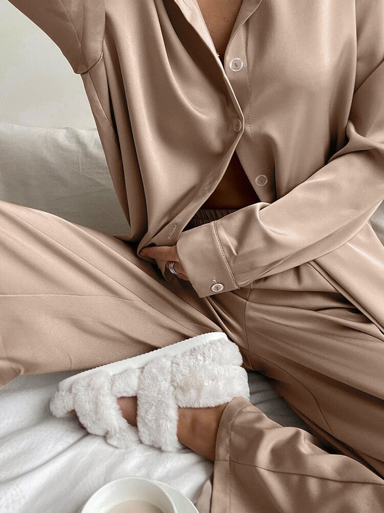 Linad Loose Women's Home Clothes 2 Piece Sets Brown Long Sleeve Sleepwear Female Casual Trouser Suits Solid Autumn Pajamas Linad Loose Women's Home Clothes 2 Piece Sets Brown Long Sleeve Sleepwear Female Casual Trouser Suits Solid Autumn Pajamas