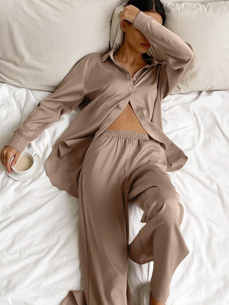 Linad Loose Women's Home Clothes 2 Piece Sets Brown Long Sleeve Sleepwear Female Casual Trouser Suits Solid Autumn Pajamas Linad Loose Women's Home Clothes 2 Piece Sets Brown Long Sleeve Sleepwear Female Casual Trouser Suits Solid Autumn Pajamas