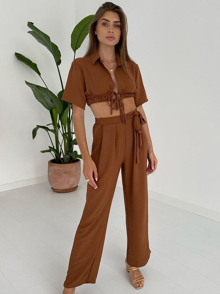 Hiloc Brown Lacing Crop Tops Sleepwear Women Sets Short Sleeve Sexy Women's Home Clothes Turn Down Collar High Waist Pajamas Set