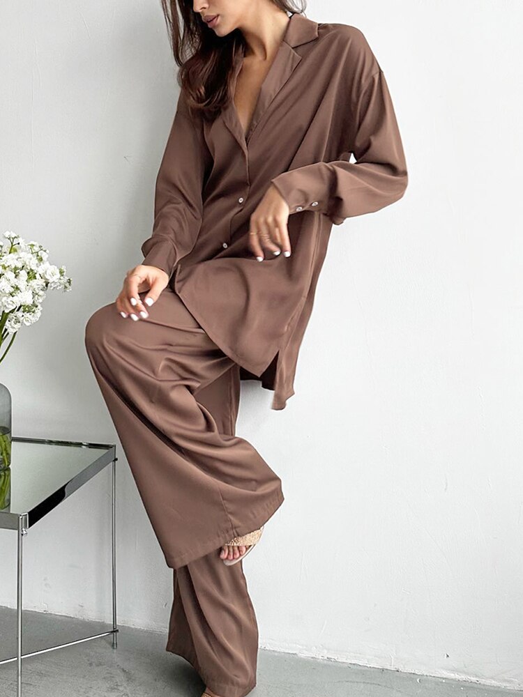 Linad Brown Pajamas For Women 2 Piece Sets Loose Long Sleeve Nightwear Female Casual Trouser Suits 2023 Autumn Sleepwear Solid Linad Brown Pajamas For Women 2 Piece Sets Loose Long Sleeve Nightwear Female Casual Trouser Suits 2023 Autumn Sleepwear Solid