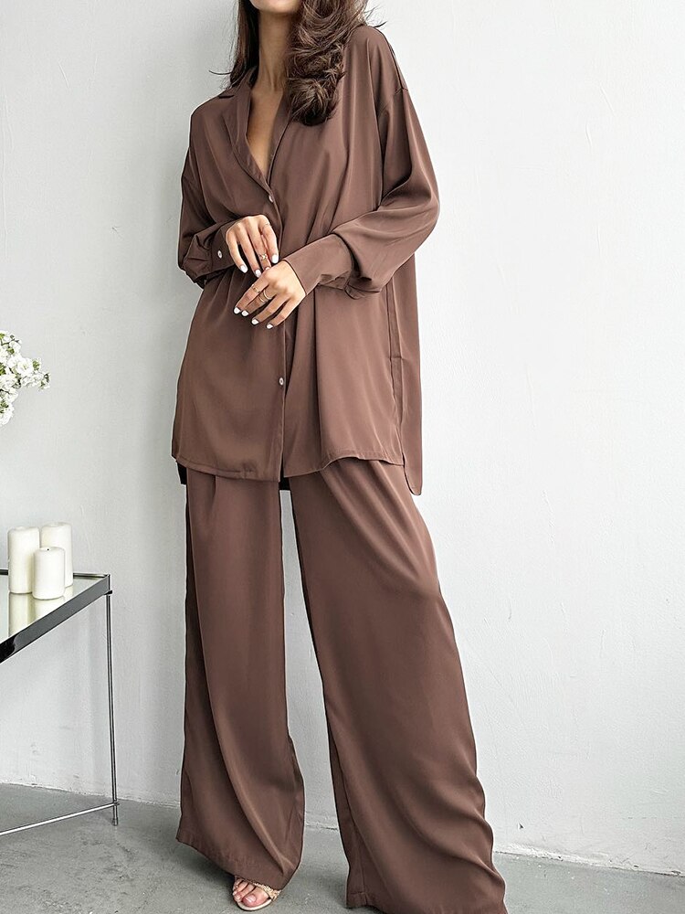 Linad Brown Pajamas For Women 2 Piece Sets Loose Long Sleeve Nightwear Female Casual Trouser Suits 2023 Autumn Sleepwear Solid Linad Brown Pajamas For Women 2 Piece Sets Loose Long Sleeve Nightwear Female Casual Trouser Suits 2023 Autumn Sleepwear Solid