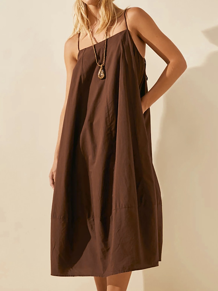 Linad Brown Night Dress Women Loose Spaghetti Strap Sleepwear Female Solid Woman Dresses 2023 Summer Casual Pajamas Buttons