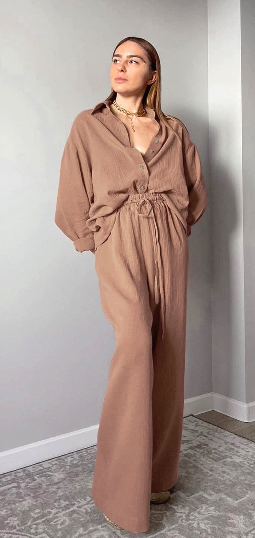 Women's Home Clothes Cotton Brown Long Sleeve 2 Piece Sets Sleepwear Loose Trouser Suits Casual Female Pajamas Autumn Product Women's Home Clothes Cotton Brown Long Sleeve 2 Piece Sets Sleepwear Loose Trouser Suits Casual Female Pajamas Autumn Product