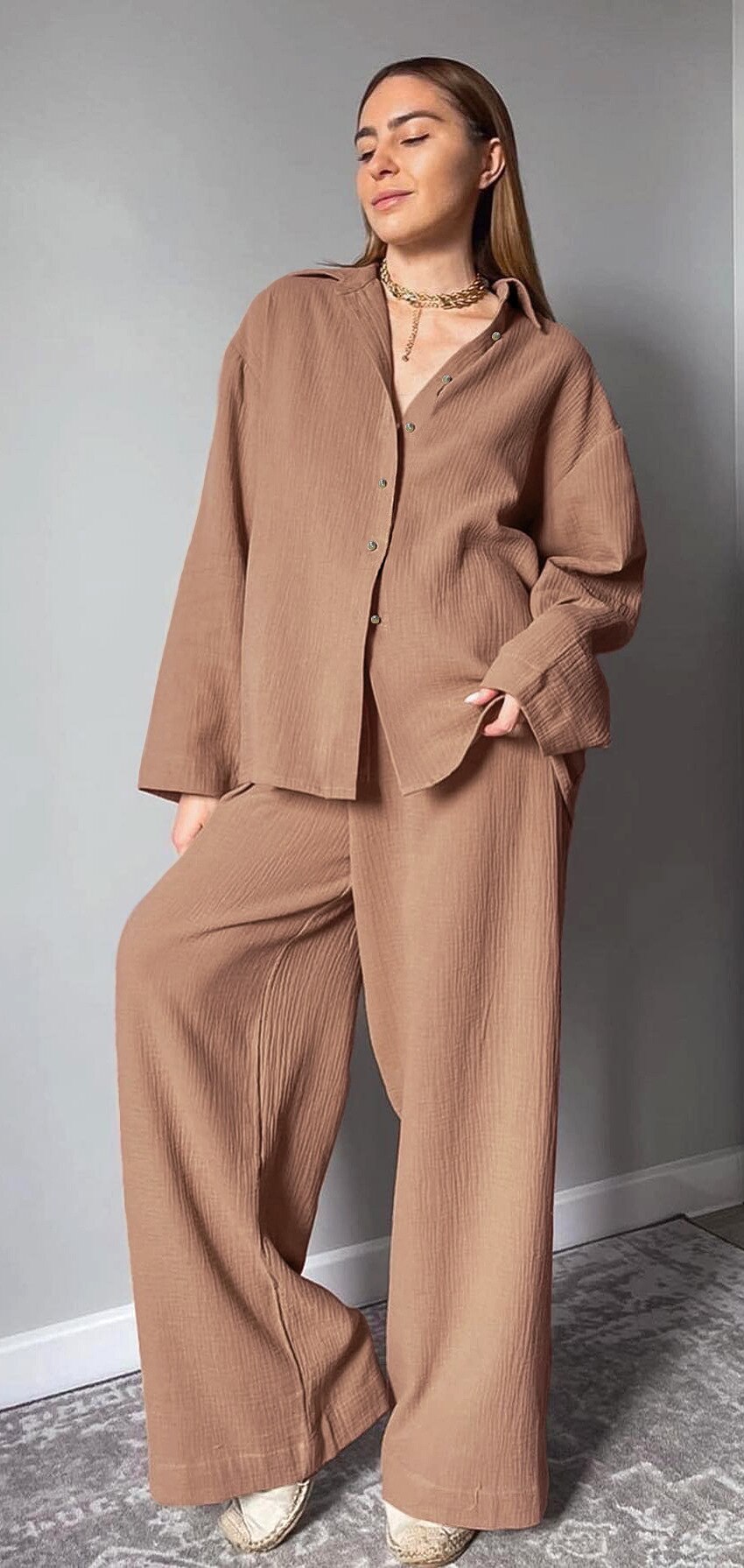 Women's Home Clothes Cotton Brown Long Sleeve 2 Piece Sets Sleepwear Loose Trouser Suits Casual Female Pajamas Autumn Product Women's Home Clothes Cotton Brown Long Sleeve 2 Piece Sets Sleepwear Loose Trouser Suits Casual Female Pajamas Autumn Product