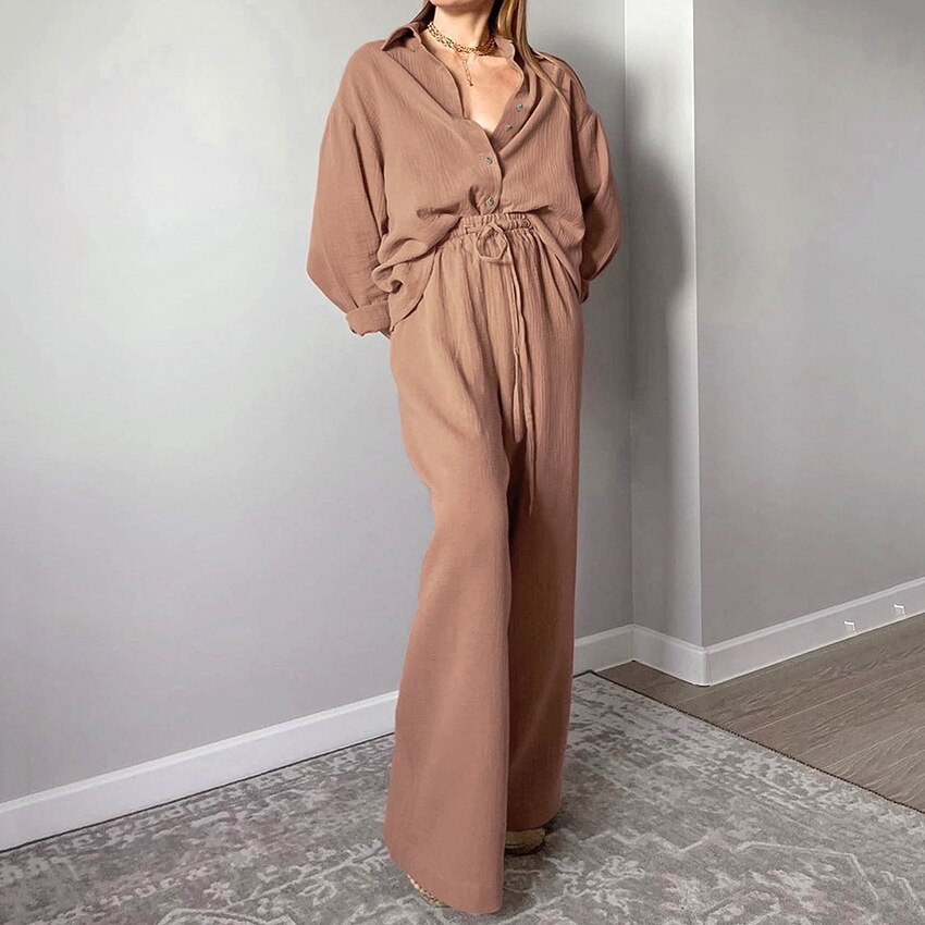 Women's Home Clothes Cotton Brown Long Sleeve 2 Piece Sets Sleepwear Loose Trouser Suits Casual Female Pajamas Autumn Product