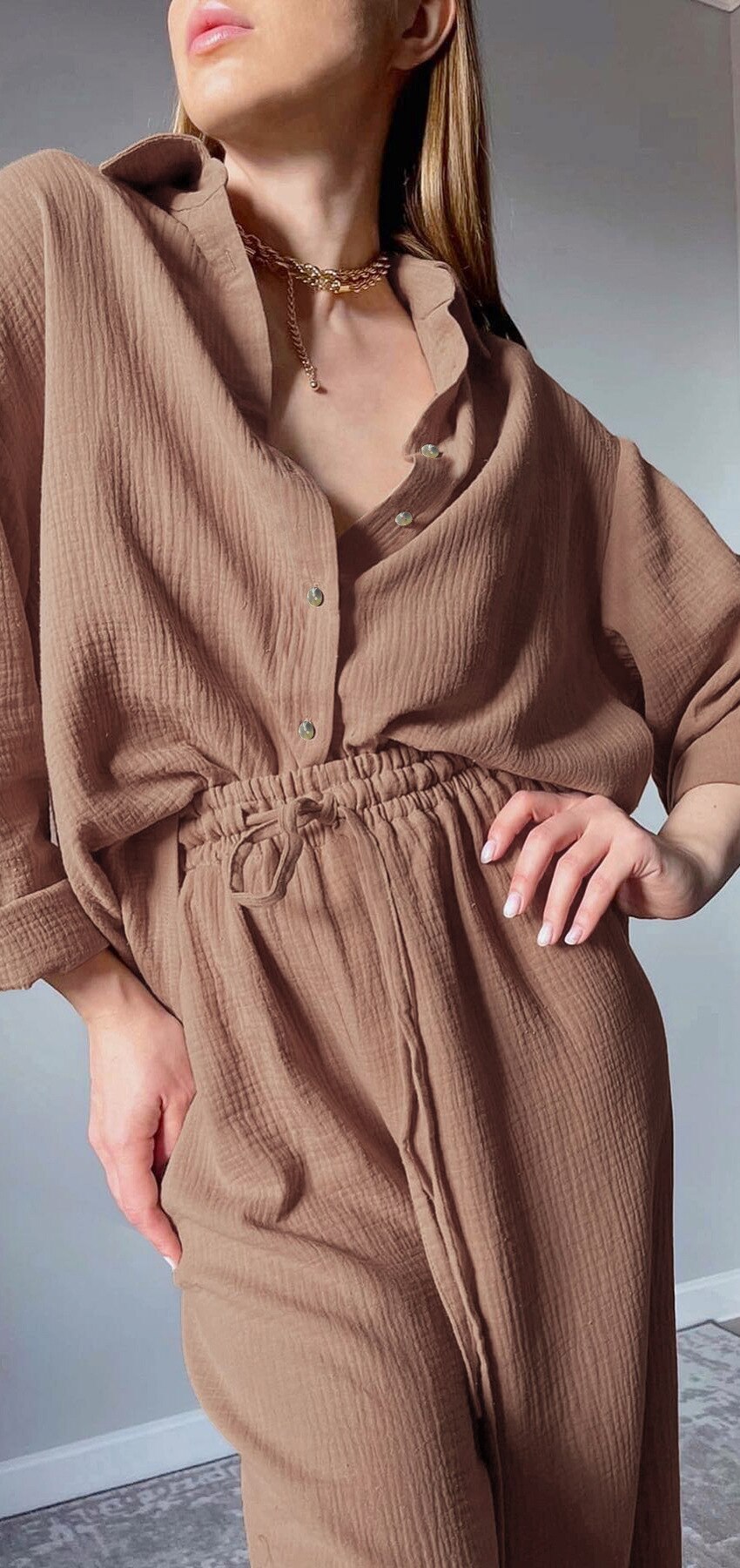 Women's Home Clothes Cotton Brown Long Sleeve 2 Piece Sets Sleepwear Loose Trouser Suits Casual Female Pajamas Autumn Product Women's Home Clothes Cotton Brown Long Sleeve 2 Piece Sets Sleepwear Loose Trouser Suits Casual Female Pajamas Autumn Product