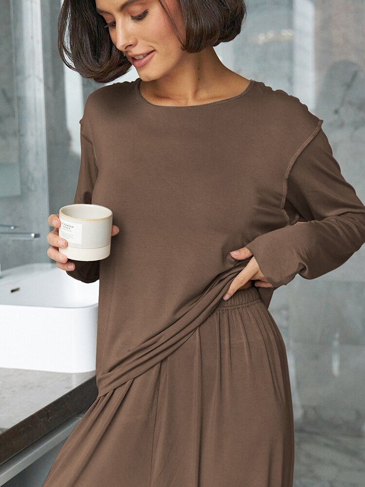 Hiloc Brown Knitting Sleepwear Women's Suit Round Neck Loose Pajamas For Women Long Sleeve High Waist Night Wears For Women Sets