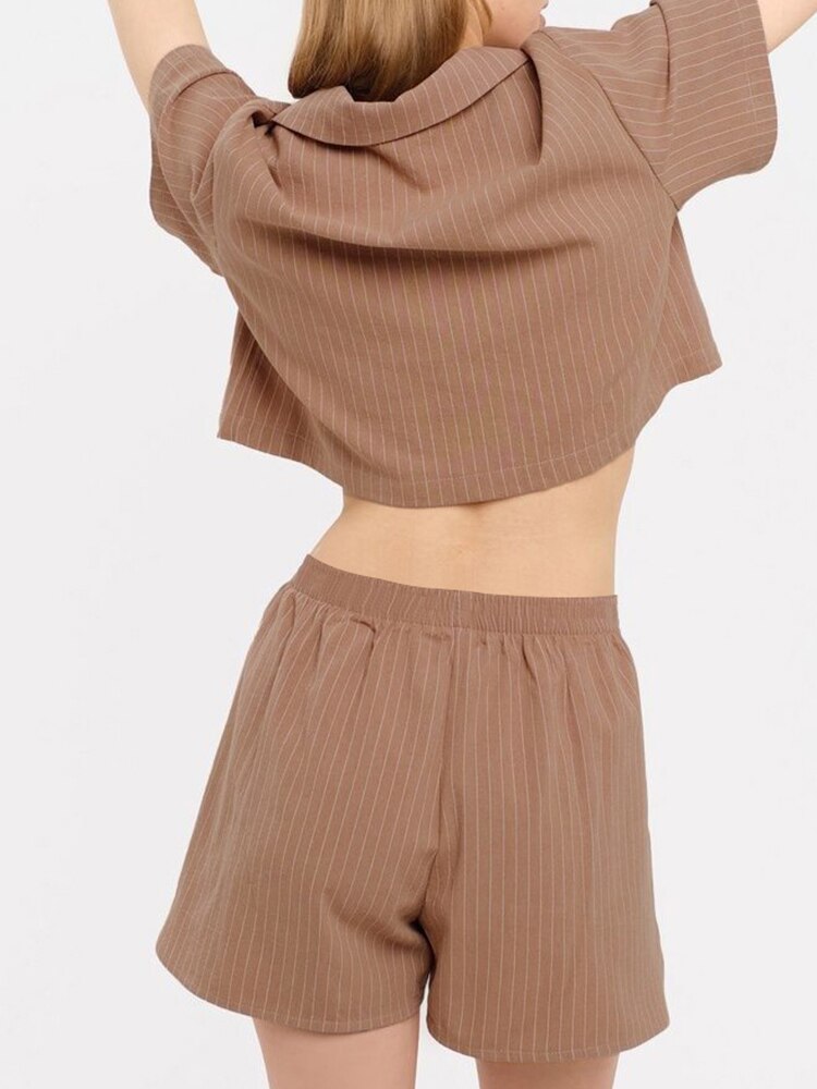 Linad Brown Stripe Pajamas For Women 2 Piece Sets Short Sleeve Crop Top Casual Female Home Suits With Shorts Summer Sleepwear Linad Brown Stripe Pajamas For Women 2 Piece Sets Short Sleeve Crop Top Casual Female Home Suits With Shorts Summer Sleepwear
