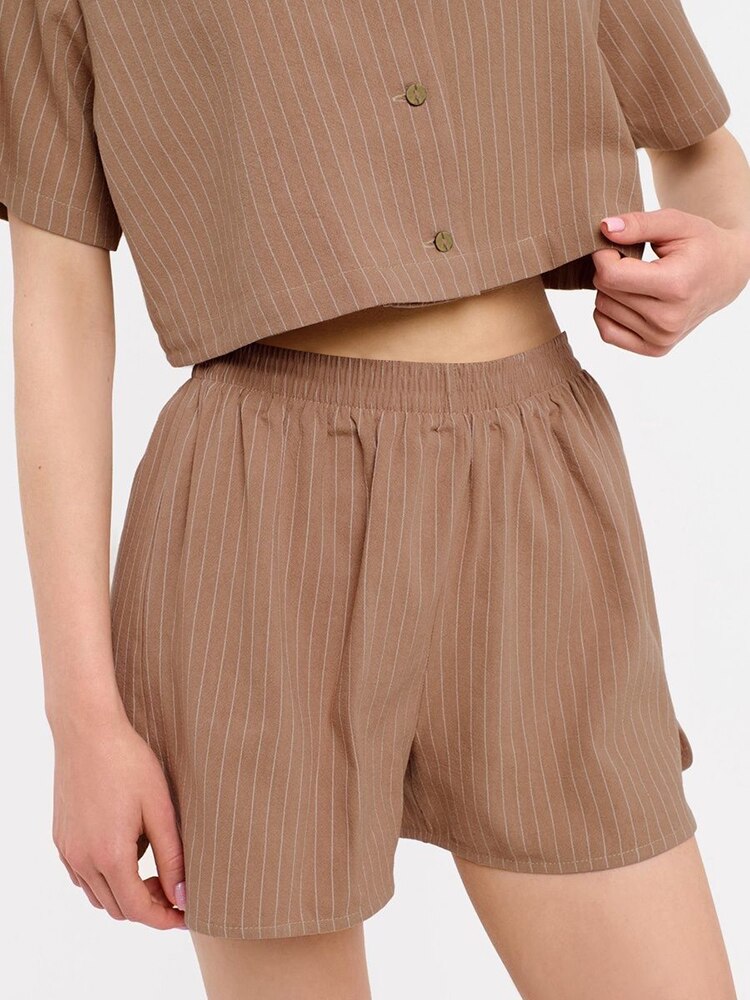 Linad Brown Stripe Pajamas For Women 2 Piece Sets Short Sleeve Crop Top Casual Female Home Suits With Shorts Summer Sleepwear Linad Brown Stripe Pajamas For Women 2 Piece Sets Short Sleeve Crop Top Casual Female Home Suits With Shorts Summer Sleepwear