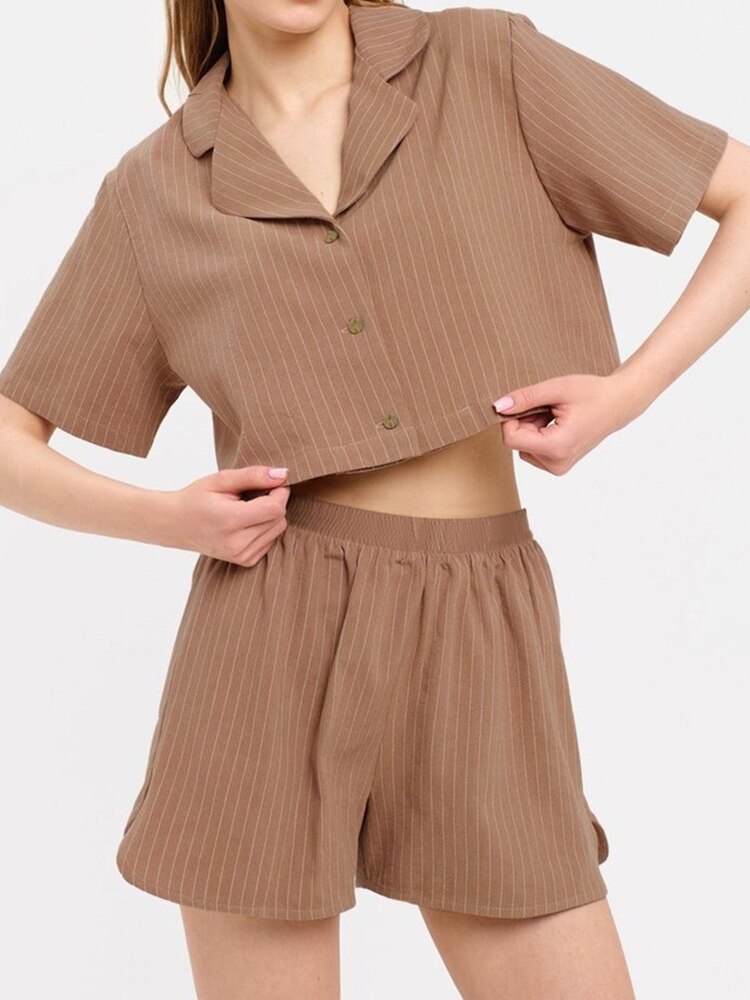 Linad Brown Stripe Pajamas For Women 2 Piece Sets Short Sleeve Crop Top Casual Female Home Suits With Shorts Summer Sleepwear