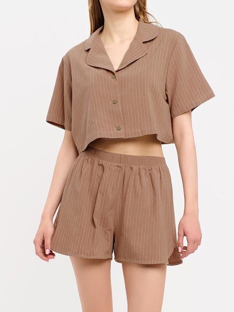 Linad Brown Stripe Pajamas For Women 2 Piece Sets Short Sleeve Crop Top Casual Female Home Suits With Shorts Summer Sleepwear Linad Brown Stripe Pajamas For Women 2 Piece Sets Short Sleeve Crop Top Casual Female Home Suits With Shorts Summer Sleepwear