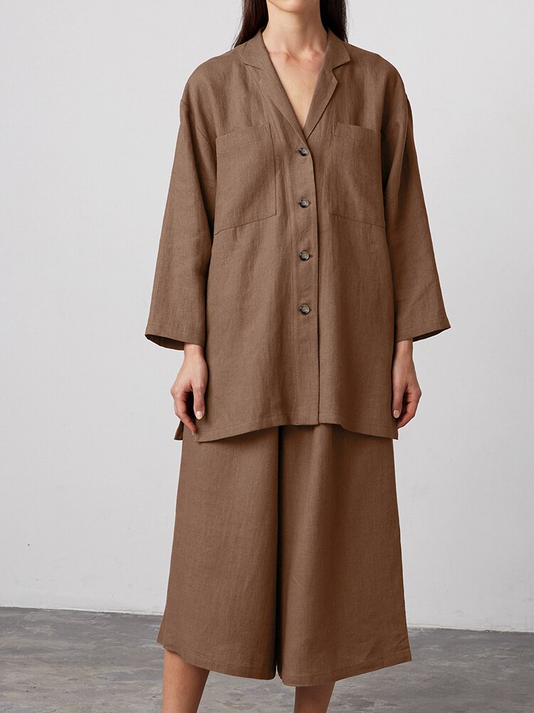 Linad Loose Women's Home Clothes 2 Piece Sets Brown Long Sleeve Sleepwear Female Trouser Suits Summer Casual Pajamas Solid Linad Loose Women's Home Clothes 2 Piece Sets Brown Long Sleeve Sleepwear Female Trouser Suits Summer Casual Pajamas Solid