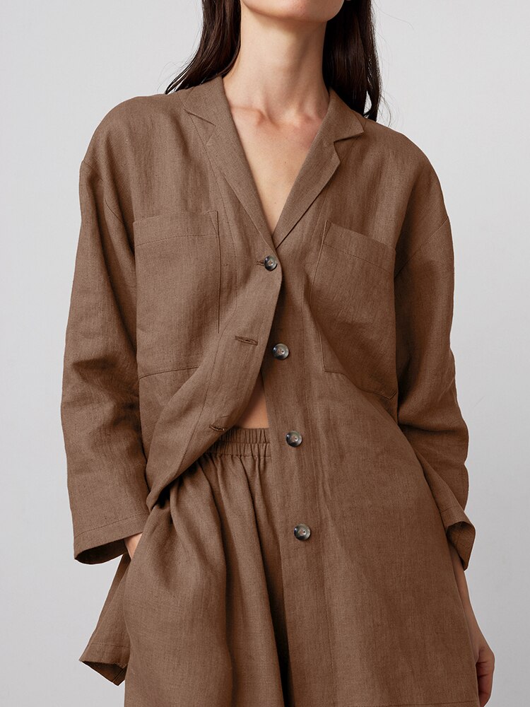 Linad Loose Women's Home Clothes 2 Piece Sets Brown Long Sleeve Sleepwear Female Trouser Suits Summer Casual Pajamas Solid Linad Loose Women's Home Clothes 2 Piece Sets Brown Long Sleeve Sleepwear Female Trouser Suits Summer Casual Pajamas Solid