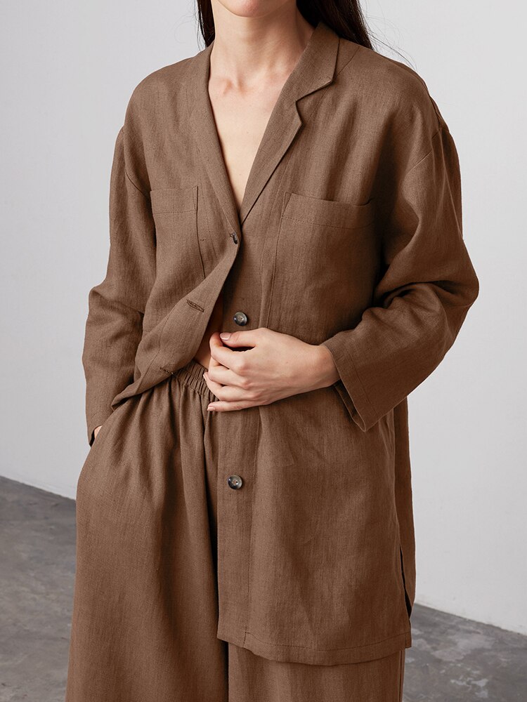 Linad Loose Women's Home Clothes 2 Piece Sets Brown Long Sleeve Sleepwear Female Trouser Suits Summer Casual Pajamas Solid Linad Loose Women's Home Clothes 2 Piece Sets Brown Long Sleeve Sleepwear Female Trouser Suits Summer Casual Pajamas Solid