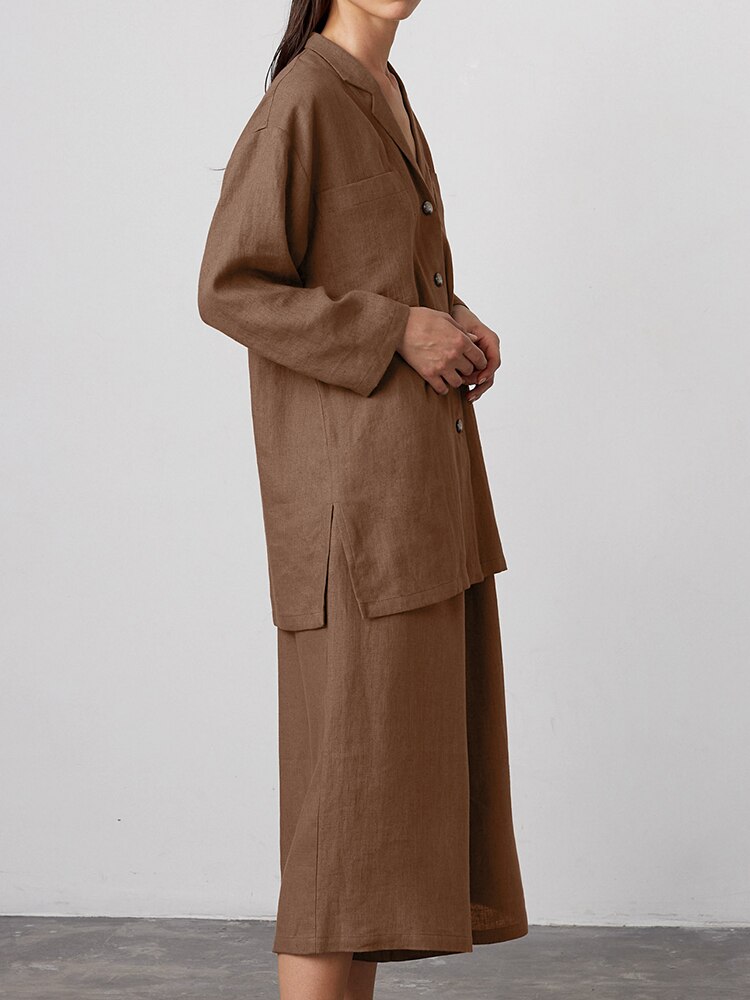 Linad Loose Women's Home Clothes 2 Piece Sets Brown Long Sleeve Sleepwear Female Trouser Suits Summer Casual Pajamas Solid Linad Loose Women's Home Clothes 2 Piece Sets Brown Long Sleeve Sleepwear Female Trouser Suits Summer Casual Pajamas Solid