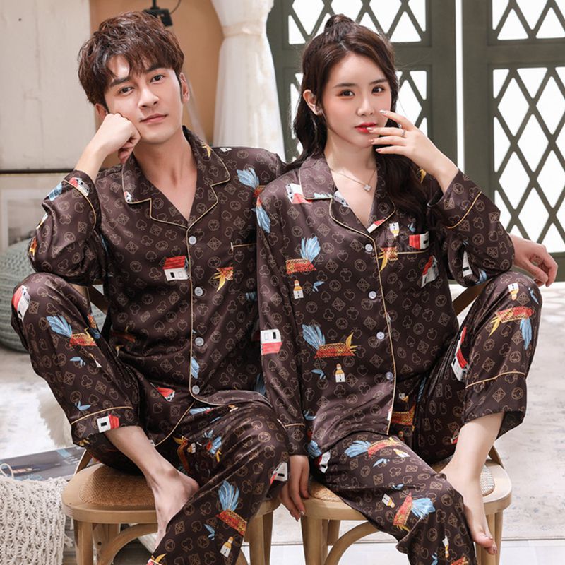Summer Women pajamas Set Poker Pattern Sleepwear Brown Color Long-sleeved Silk Nightie Luxury Home Clothes For Men Nightwear Set