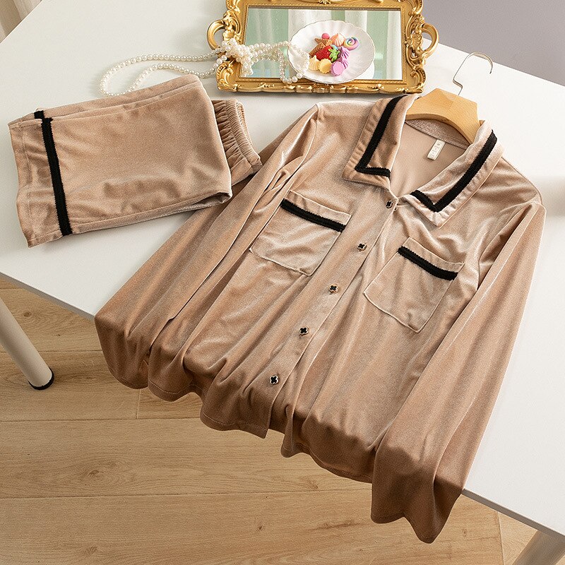 Casual Velour Home Clothing Intimate Lingerie Long Sleeve Autumn New Women 2PCS Pajamas Suit Brown Velvet Sleepwear Pyjamas