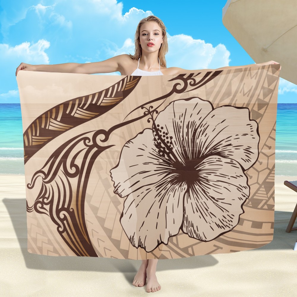 HYCOOL Light Brown Hibiscus Print Lava Lava For Women Beach Wear One Piece Long Polynesian Sarongs Lavalava Beach Skirt Coverup