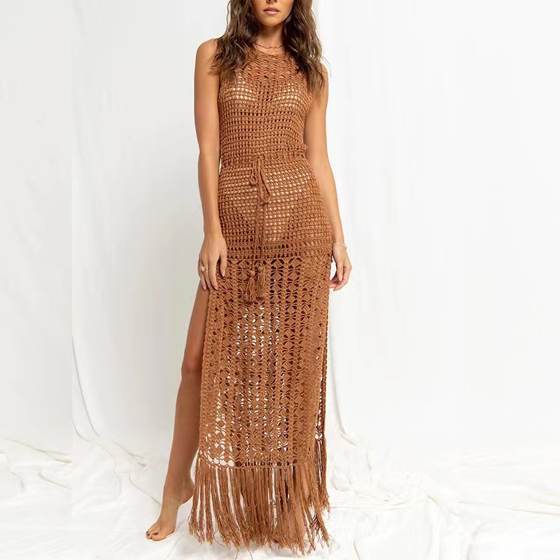 2023 Sexy Hollow Out Fringe Tassel Knitted Crochet Beach Dress Women Beach Cover Ups For Swimwear Female Kimono Swimsuit Dress