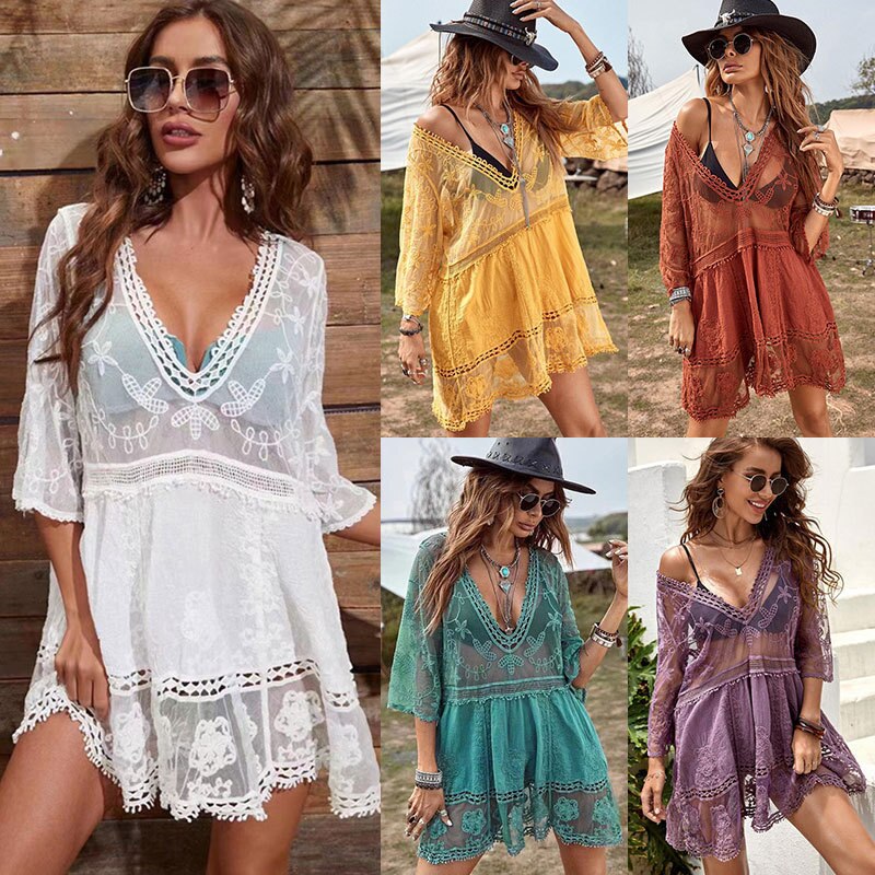 Lace Cover-ups Women's Swimsuit Transparent Dress Beachwear Casual Women Swimwear Sexy Beach Outing Clothing Fashion Cover Ups