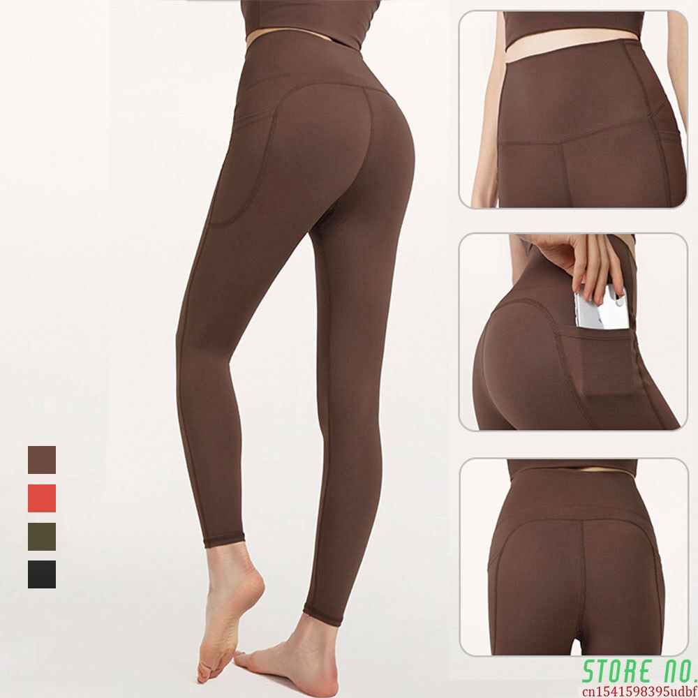 Brown Yoga Leggings Seamless High Waisted Sports Exercise Pants For Women With Pocket New Fitness Women's Lycra Push-Up Tights