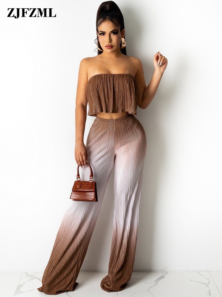 Brown White Gradient Color 2 Piece Matching Sets for Female Streetwear Strapless Ruffles Tunic Tops and Wide Leg Long Leggings