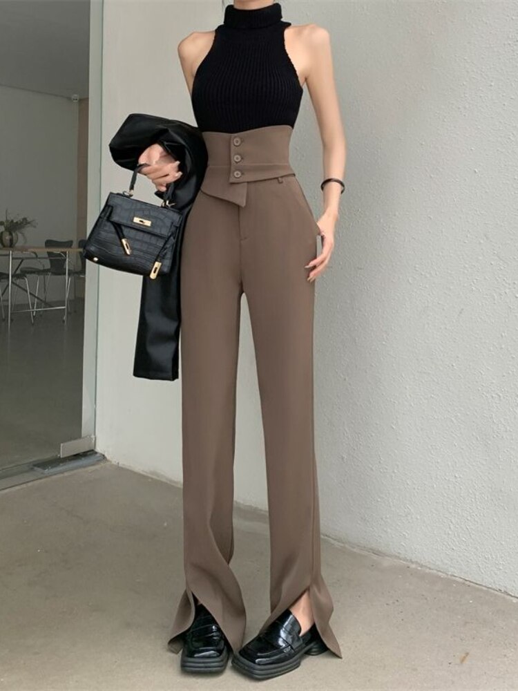 ADAgirl Brown High Waist Pants Women Harajuku Korean Style Classic Slim Office Ladies Trousers Y2k Retro Wide Leg Flare Leggings